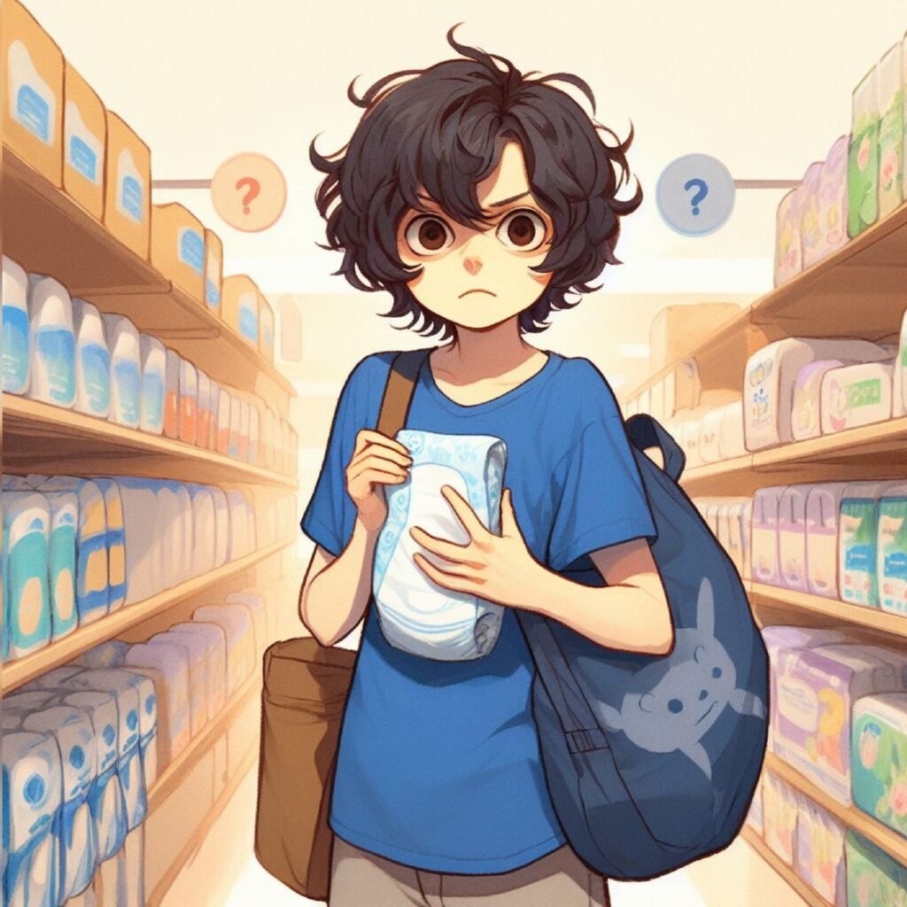 Chico en el supermercado comprando pañales