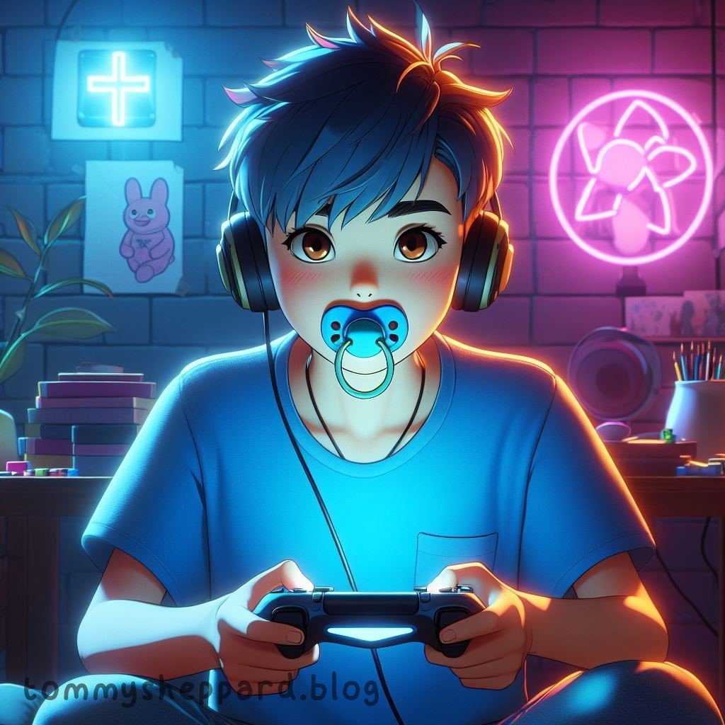 chico jugando videojuegos con luces neon, usando chupete