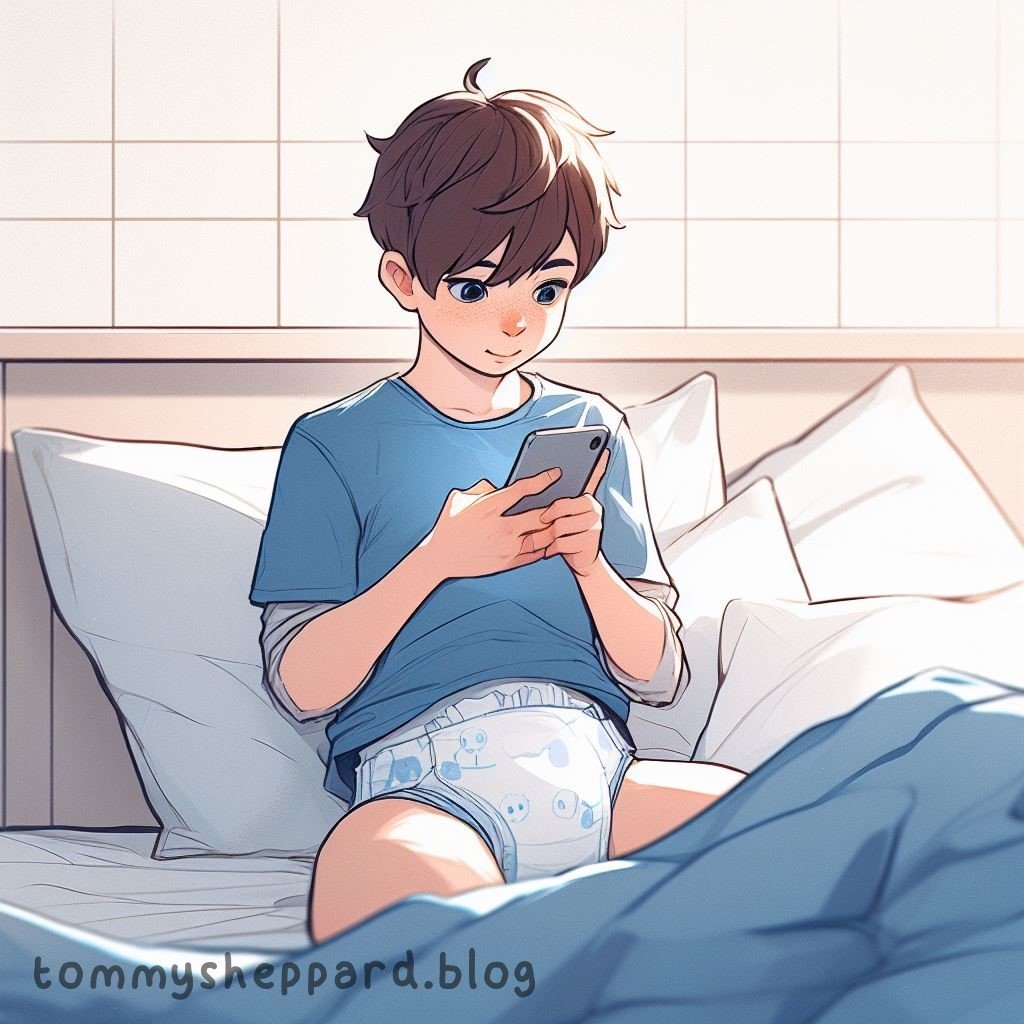 chico en pañales revisando su celular sobre la cama