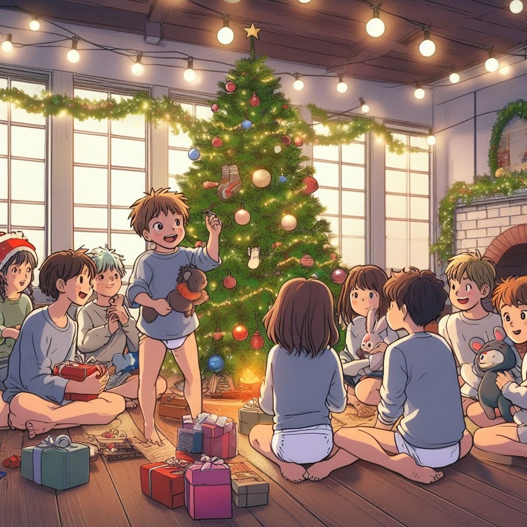 Chicos en pañales alrededor de árbol de navidad