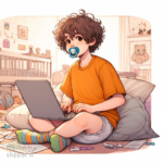 Chico usando pañales y chupete escribiendo en una laptop