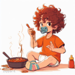 Chico en pañales comiendo espagueti