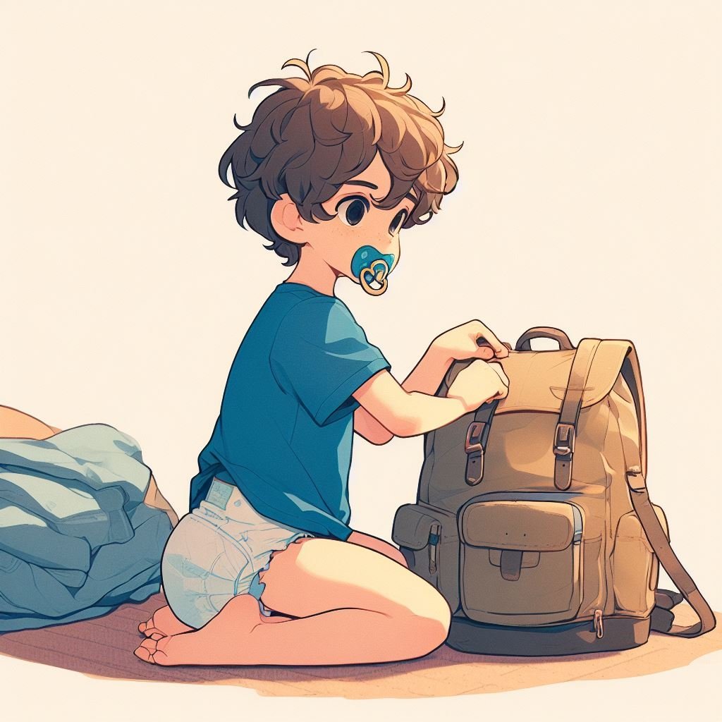 chico en pañales sacando algo de su mochila