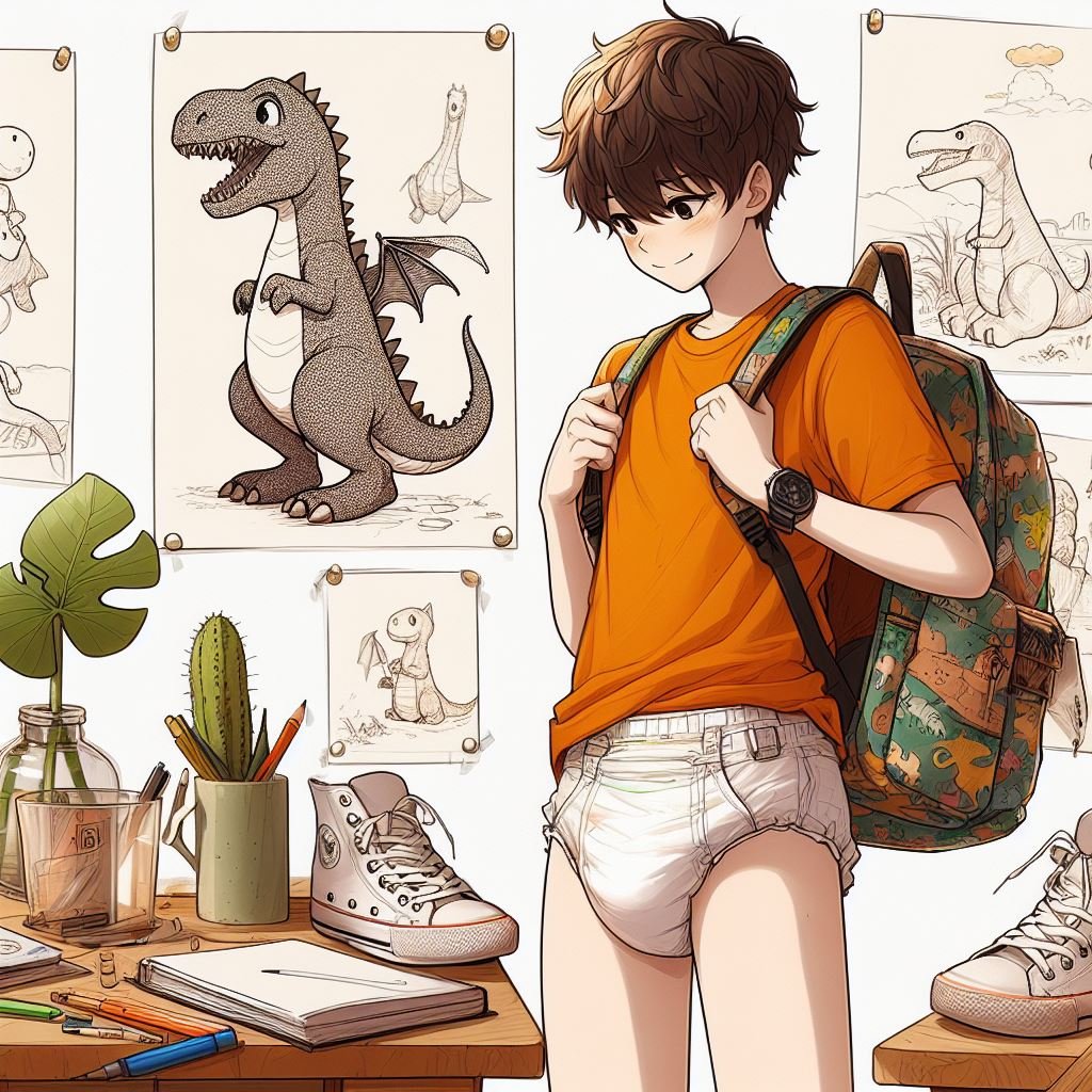 chico usando pañales y mochila de dinosaurios