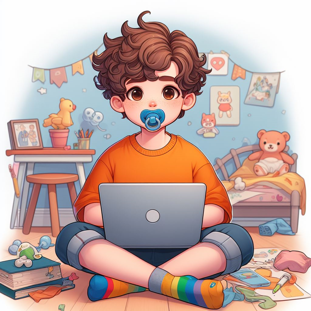 chico usando chupete frente a una computadora