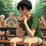 chico en pañales comiendo una hamburguesa en un campamento