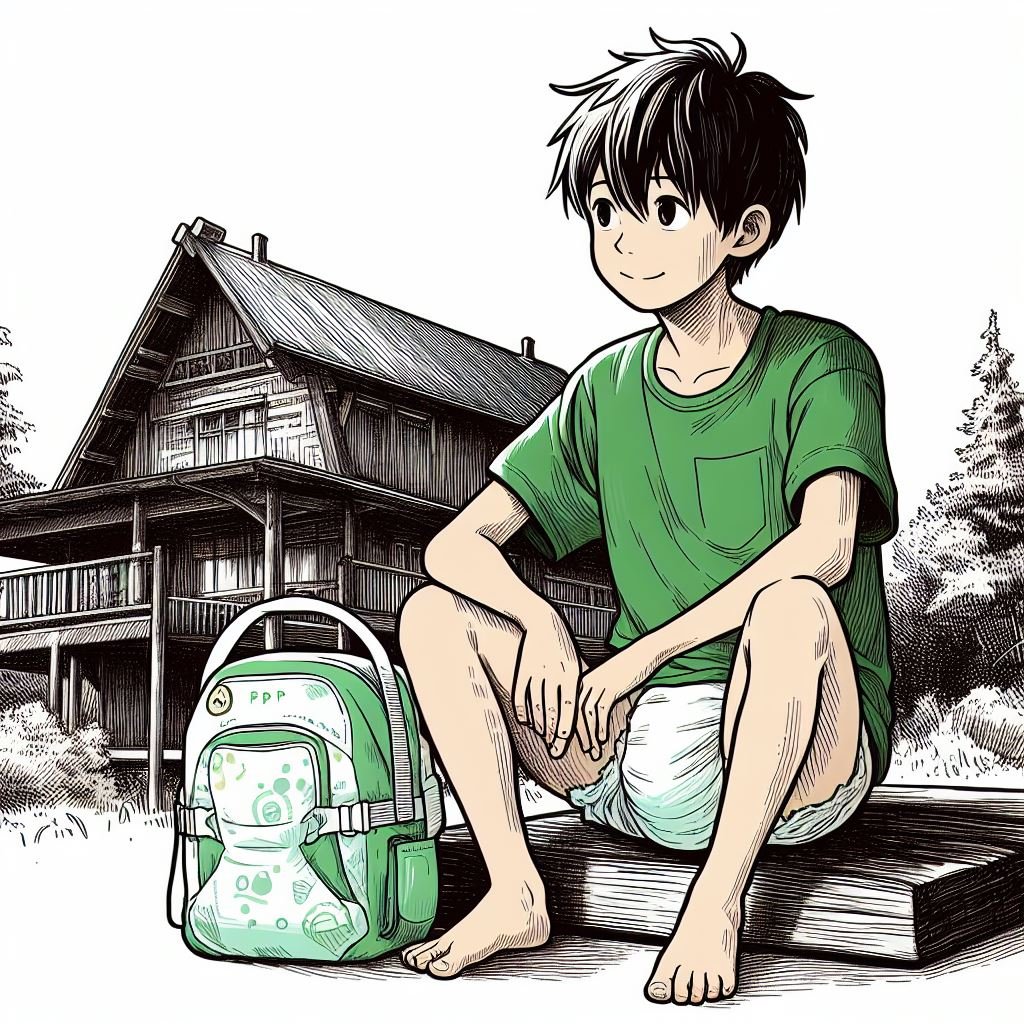 chico en pañales frente a una cabaña en el bosque