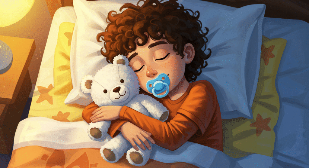 chico con chupete azul durmiendo con oso de peluche