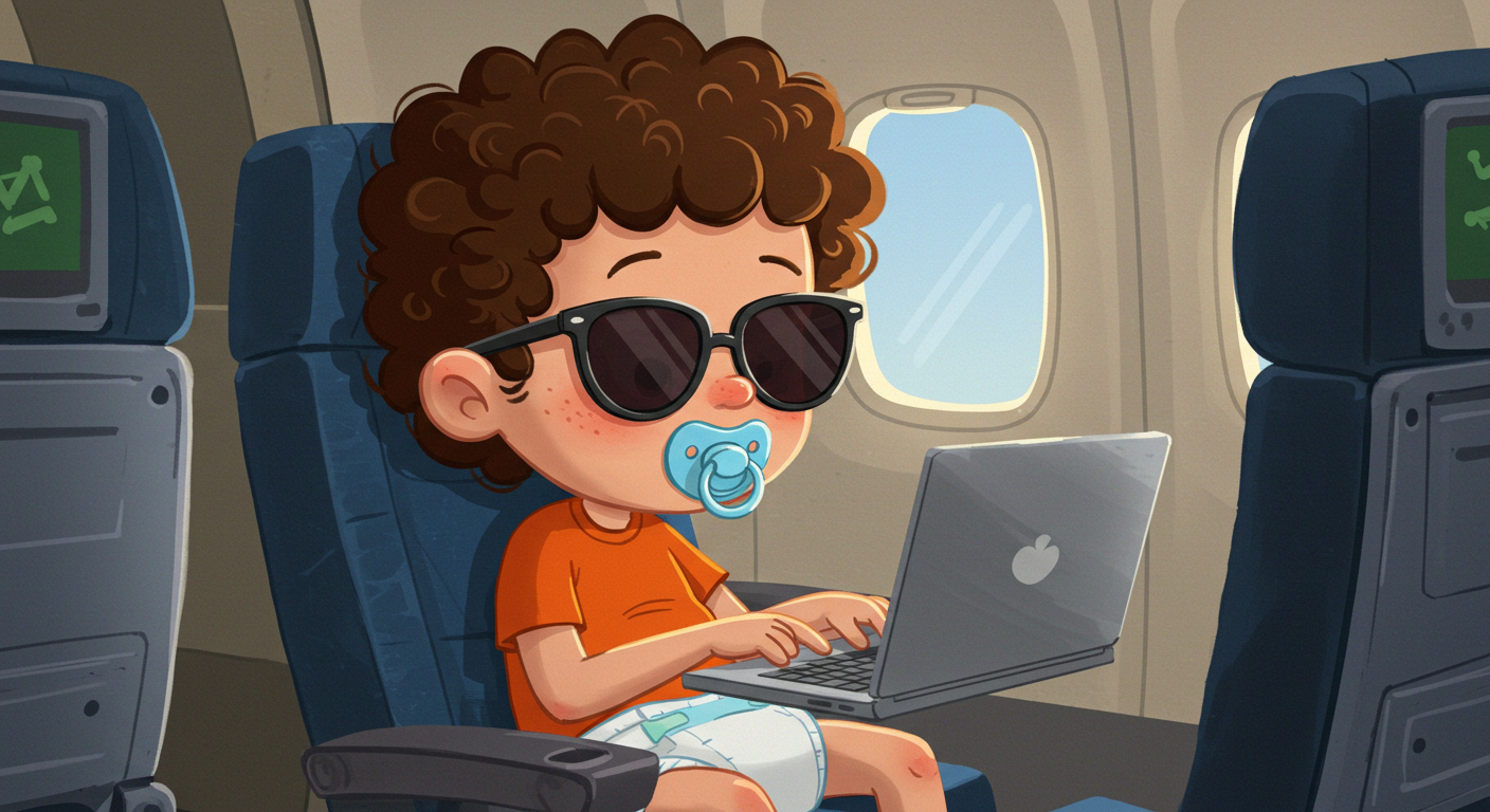 chico en pañales dentro de un avion escribiendo en su laptop