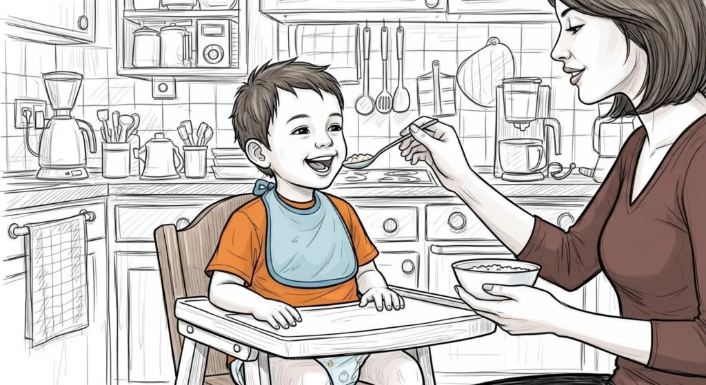 chico usando pañales siendo alimentado en sillita alta