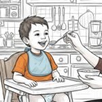 chico usando pañales siendo alimentado en sillita alta