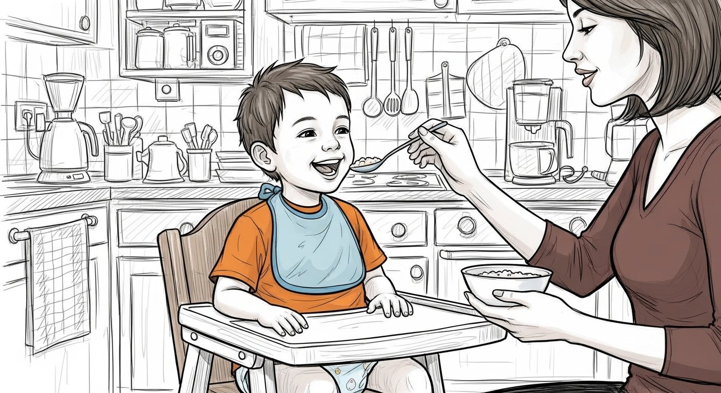 chico usando pañales siendo alimentado en sillita alta