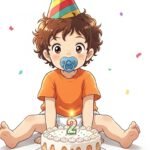 chico en pañales con chupete y pastel de cumpleaños