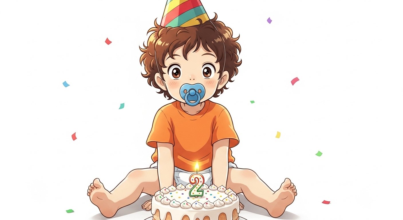 chico en pañales con chupete y pastel de cumpleaños