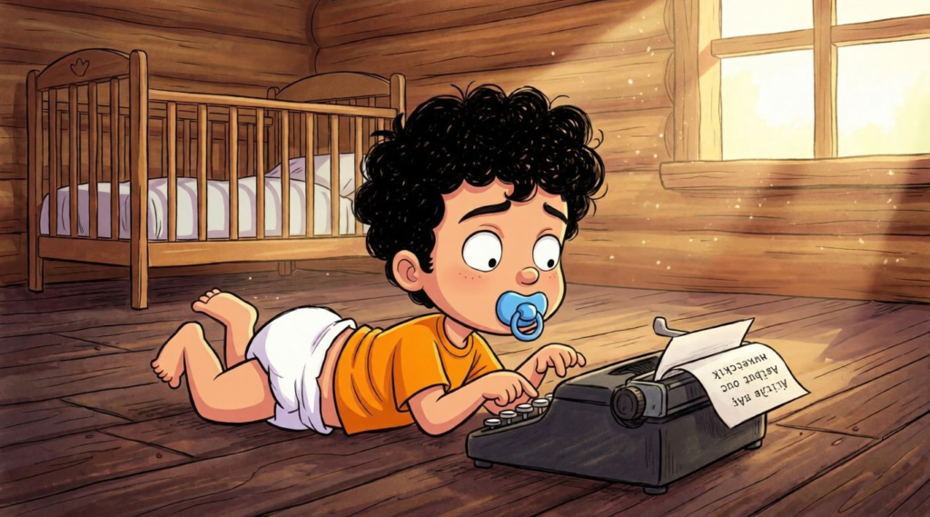 chico en pañales escribiendo en una maquina de escribir